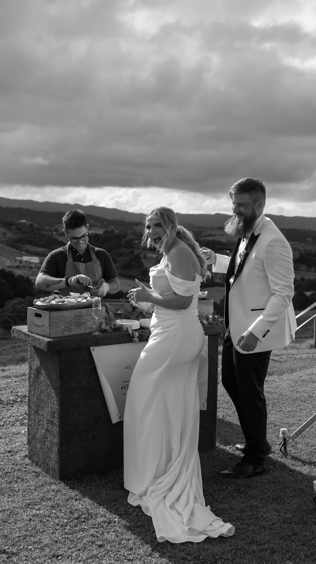 Live oyster shucking for a bride and groom at a rural New Zealand wedding